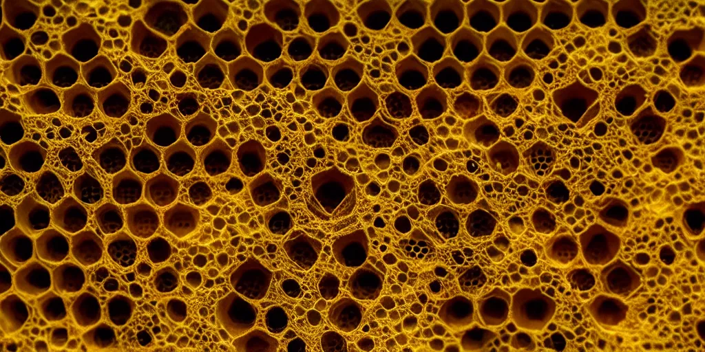 Image similar to real honeycomb organic building with dripping honey by tomas gabzdil libertiny sitting on the field, film still from the movie directed by denis villeneuve arrival movie aesthetic with art direction by zdzisław beksinski, telephoto lens, shallow depth of field