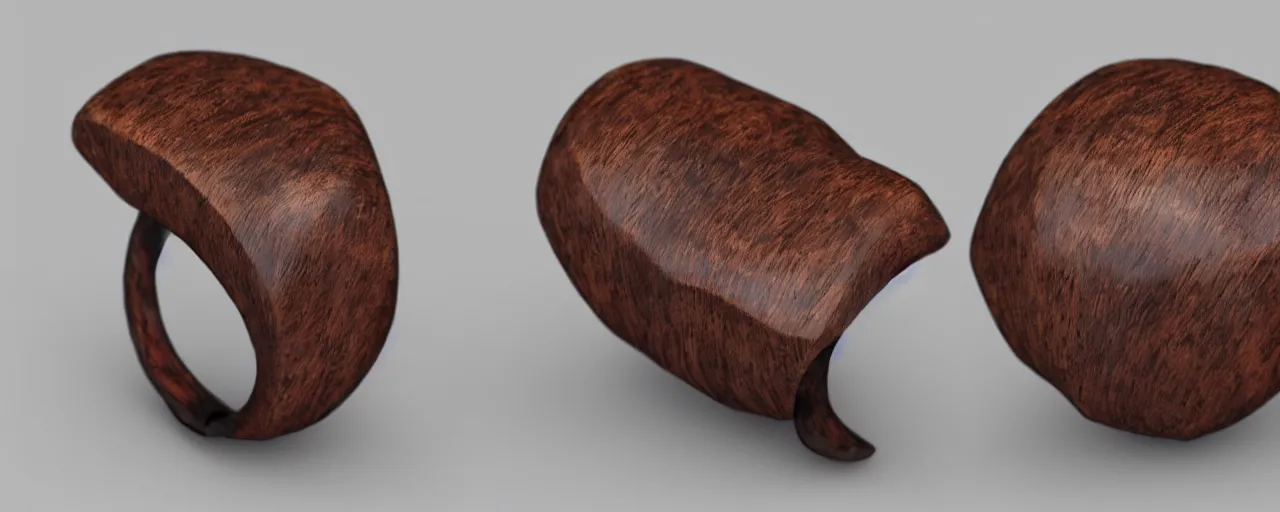 Image similar to simple wooden ring with a leather ornament, ring, wood, leather, smooth shank, engravings, product design, jewelry, art by gerald brom, greg rutkowski and artgerm and james jean and zdzisław beksinski, 8 k, unreal engine, c 4 d