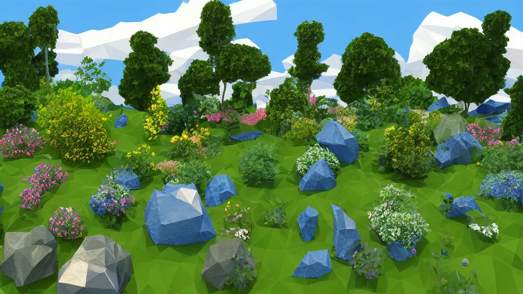 Image similar to an early 3 d low polygon garden with blue skies, landscape, no man's sky * *