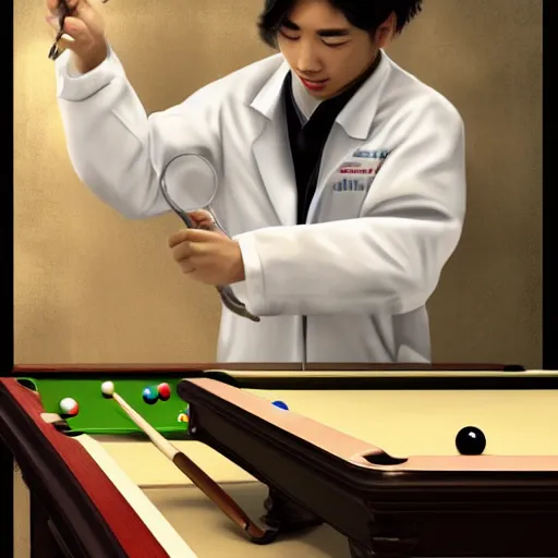 Prompt: young male asian scientist in white coat playing the Billiards,trending on artstation,digital art.