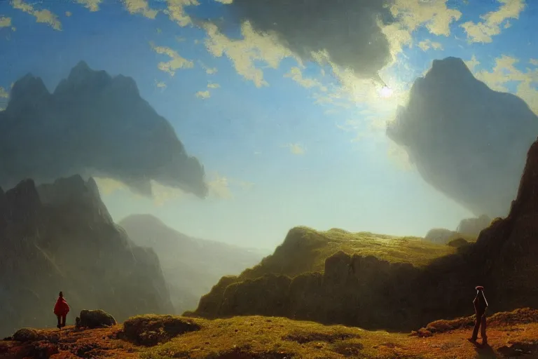 Prompt: a traveler wandering trough the mountains looking at the clouds, very detailed, focused, oil painting, cinematic lighting, albert bierstadt, trending on artstation, colorful, canvas, sunset, hans dahl, theodor kittelsen, hermann hendrich, national geographic, Konstantin Yakovlevich Kryzhitsky, beautiful nature