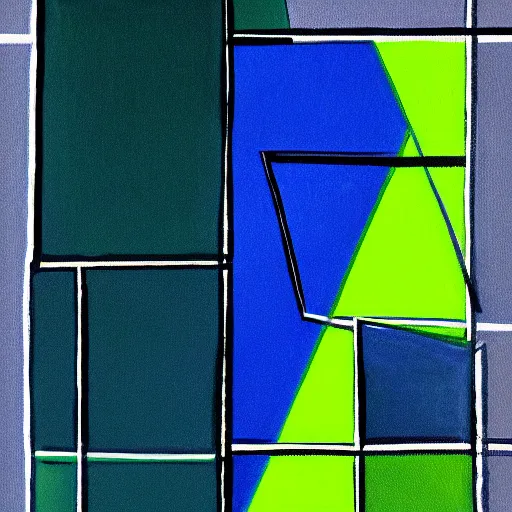 Image similar to painting of rectangle, triangle shapes ( blue, yellow, green ) divided by black lines