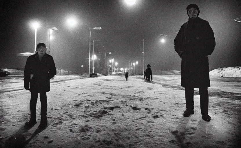 Image similar to In a city of Norilsk on the Moon, a Mysterious man is standing in the middle of a street photo by Trent Parke, bright lights, a city on the Moon