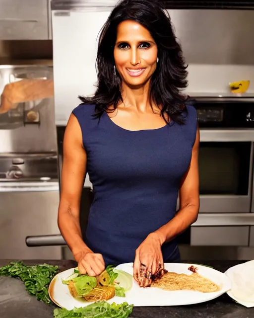 Image similar to photoshoot of model padma lakshmi cooking a meal, 8 k, photorealistic