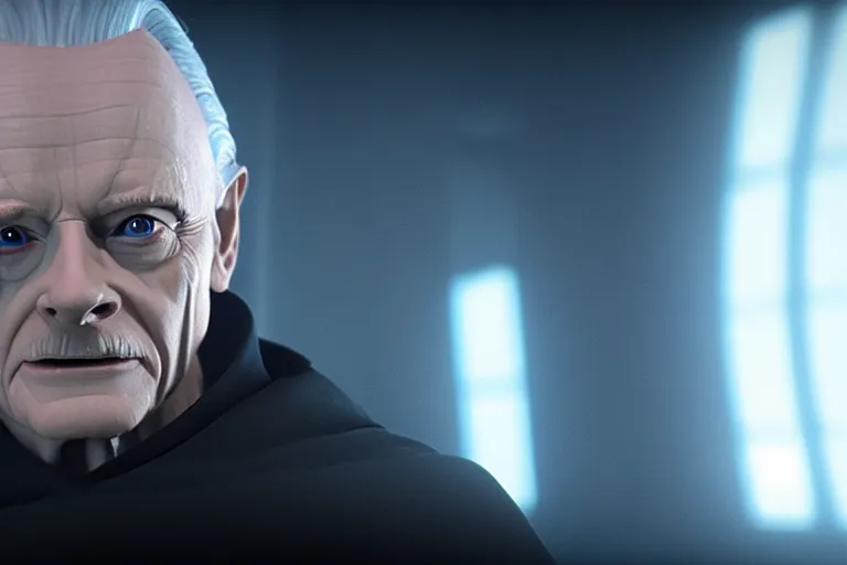 Image similar to a cinematic still of (Ian McDiarmid!!!) as palpatine, wearing sith hood, Ian McDiarmid, ((octane render, nvidia raytracing demo)), ((((lightning)))), masterpiece