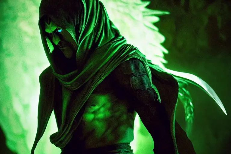 Image similar to vfx film, soul reaver, raziel irl, price of persia movie, missing jaw, hero pose, devouring magic souls, scarf, hood, glowing green soul blade, in epic ancient sacred huge cave temple, flat color profile low - key lighting award winning photography arri alexa cinematography, hyper real photorealistic cinematic beautiful, atmospheric cool colorgrade