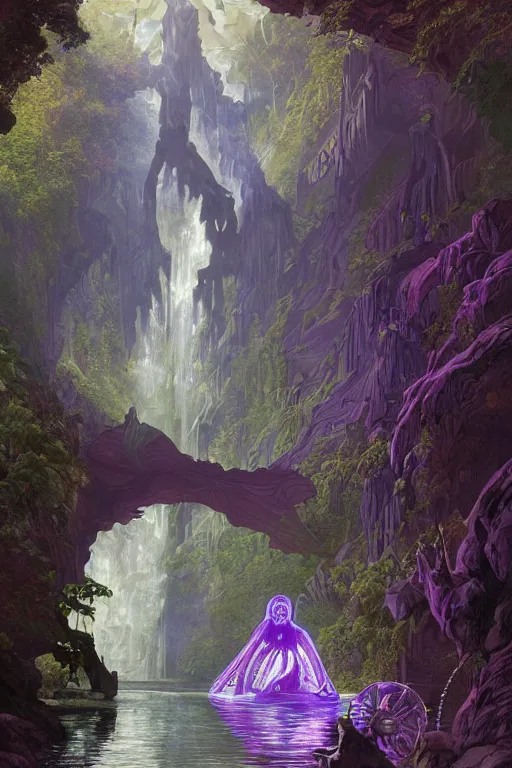 Prompt: Concept Digital Art Highly detailed Alien Art Deco Riza 4 lazy river inside of mount Vesuvius with glowing purple water at midnight, starfleet shore leave, by greg rutkowski, alphonse mucha, and Edmund Blair Leighton. Very highly detailed 8K, exquisite rendering, octane, drum scanner, Digital painting, the golden ratio, rational painting, sharp