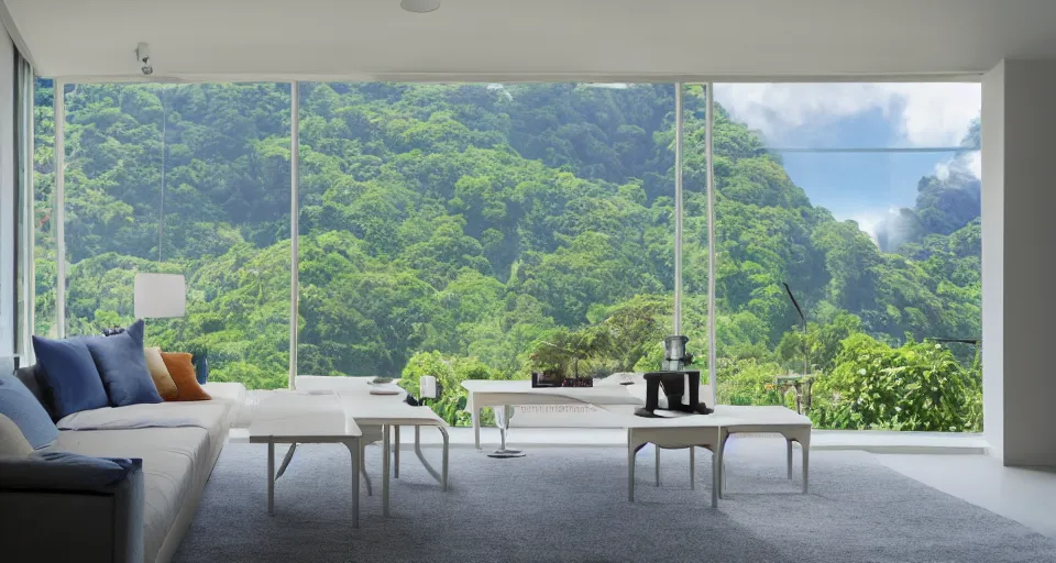 Image similar to looked at big window, architectural, mountains in background, cloud forest in background, tropical, sunny day time, clear sky, living room, furniture, IKEA catalogue, futuristic, ultra realistic, ultra detailed, cinematic light, anamorphic