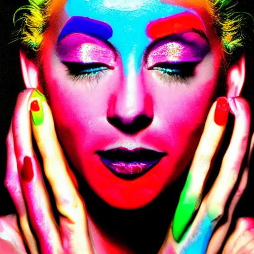 Prompt: a woman with colorful nail polish holding her hands to her face, a pop art painting by david lachapelle, featured on flickr, pop art, neon, vivid colors, glowing neon