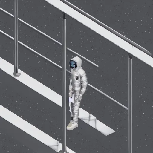 Prompt: mysterious man in silver space suit, walking on an industrial catwalk with stairs that lead nowhere, floating in deep space, black background, 4 k photograph, isometric view