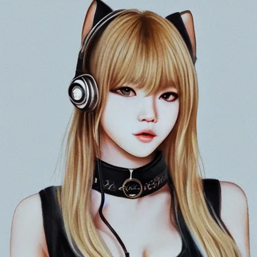 Image similar to realistic beautiful gorgeous natural cute Blackpink Lalisa Manoban blonde hair cute fur blonde cat ears, wearing camisole, wearing headphones, wearing black leather choker artwork drawn full HD 4K highest quality in artstyle by professional artists WLOP, Taejune Kim, Guweiz on Artstation Pixiv