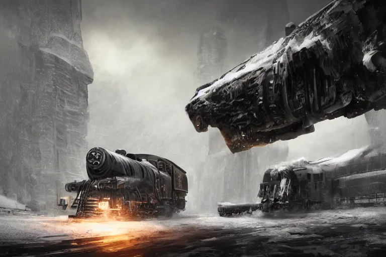 Prompt: a grand intricate futuristic black steam train next to a giant mammoth, post - apocalyptic ice landscape in snowstorm, concept art, artstation, highly detailed, digital art