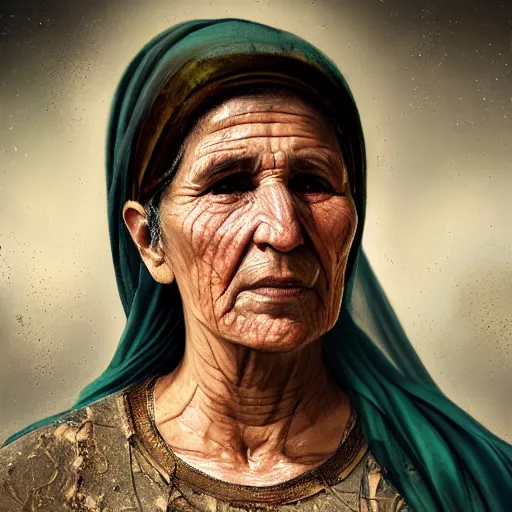 Prompt: hyperrealistic mixed media high resolution image of a beautiful Kurdish grandmother, stunning 3d render inspired art by István Sándorfi and Greg Rutkowski and Unreal Engine, perfect symmetry, 8k octane beautifully detailed render, post-processing, extremely hyper-detailed, intricate, epic composition, highly detailed attributes, highly detailed atmosphere, full body shot, cinematic lighting, masterpiece, trending on artstation, very very detailed, masterpiece, stunning, perfection,