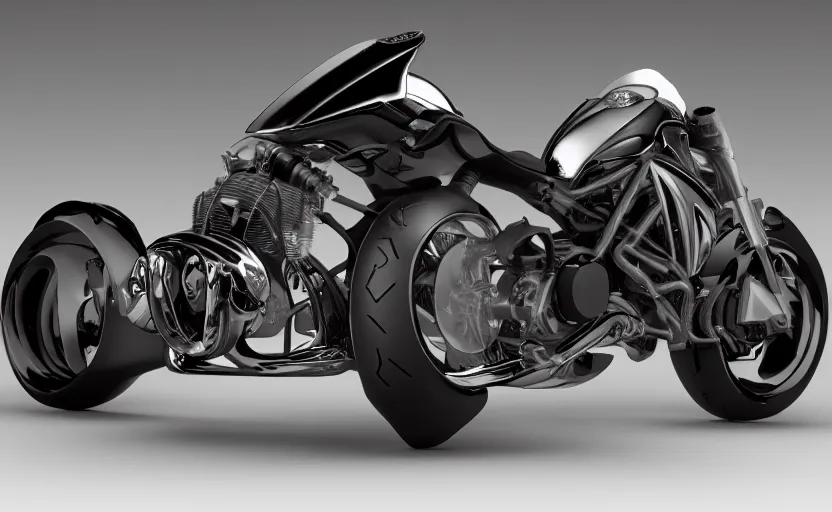 Image similar to concept art of nvidia motocycle, realistic, shiny, bloom, charcoal black background,