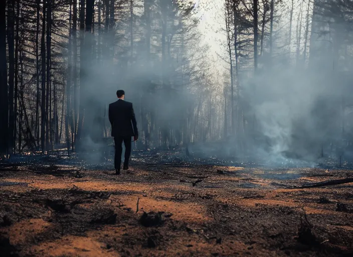 Image similar to a 3 5 mm photo from the back of a man in a gray suit walking through a forest fire, splash art, movie still, bokeh, canon 5 0 mm, cinematic lighting, dramatic, film, photography, cold blue light, depth of field, award - winning, anamorphic lens flare, 8 k, hyper detailed, 3 5 mm film grain