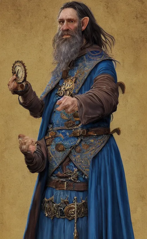 Image similar to portrait of a middle aged elf with a long beard, dressed in a blue cloak with clock iconography, brown hair, raised hand, detailed face, fantasy, highly detailed, cinematic lighting, digital art painting by greg rutkowski