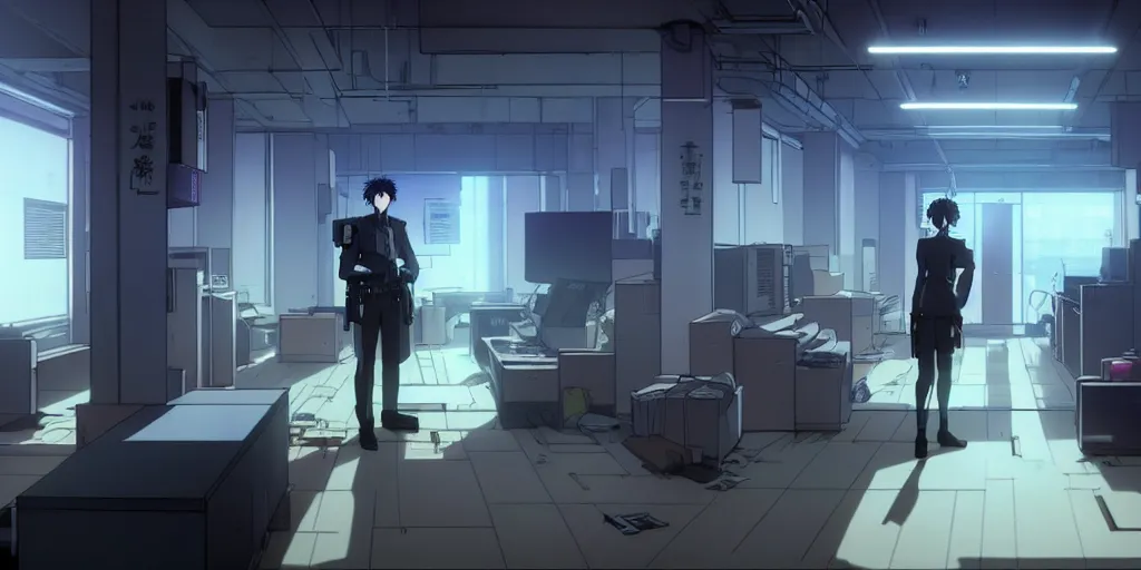 Image similar to an empty quiet quiet after hours cyberpunk police office office in the cyberpunk neon noir anime film, Shichiro Kobayashi, screenshot in the anime series ergo proxy ergo proxy ergo proxy and Detroit metal city, interior