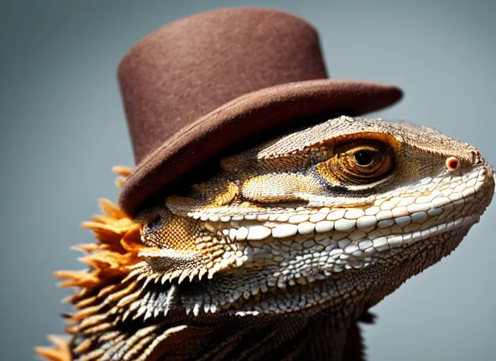 Image similar to dslr portrait still of a bearded dragon wearing a tophat, 8 k 8 5 mm f 1. 4