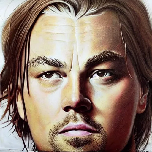 Image similar to “Leonardo DiCaprio, beautiful, highly detailed portrait, Elpis, oil, canvas, hyperrealistic, Jenny Saville”
