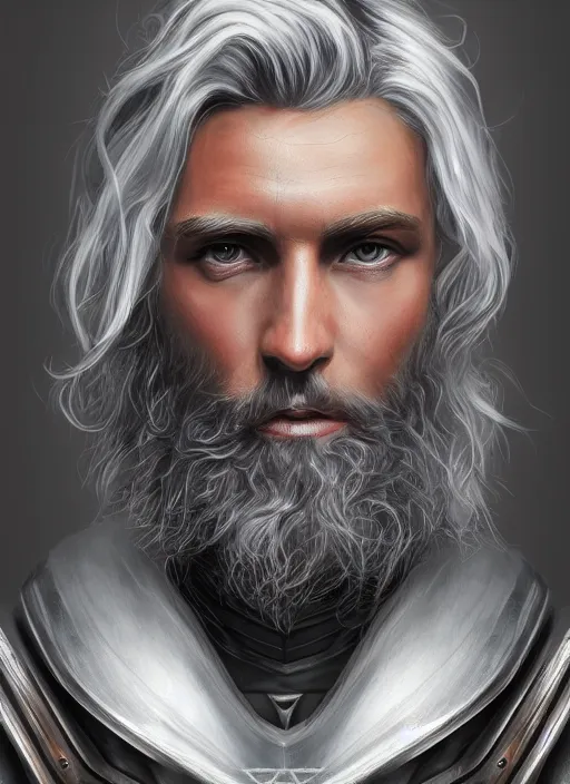 Image similar to an epic fantastic realism comic book style portrait painting of an aasimar paladin, male, shaggy silver hair, short brown beard, intense face, d & d concept art, unreal 5, daz, petrol aesthetic, octane render, cosplay, rpg portrait, dynamic lighting