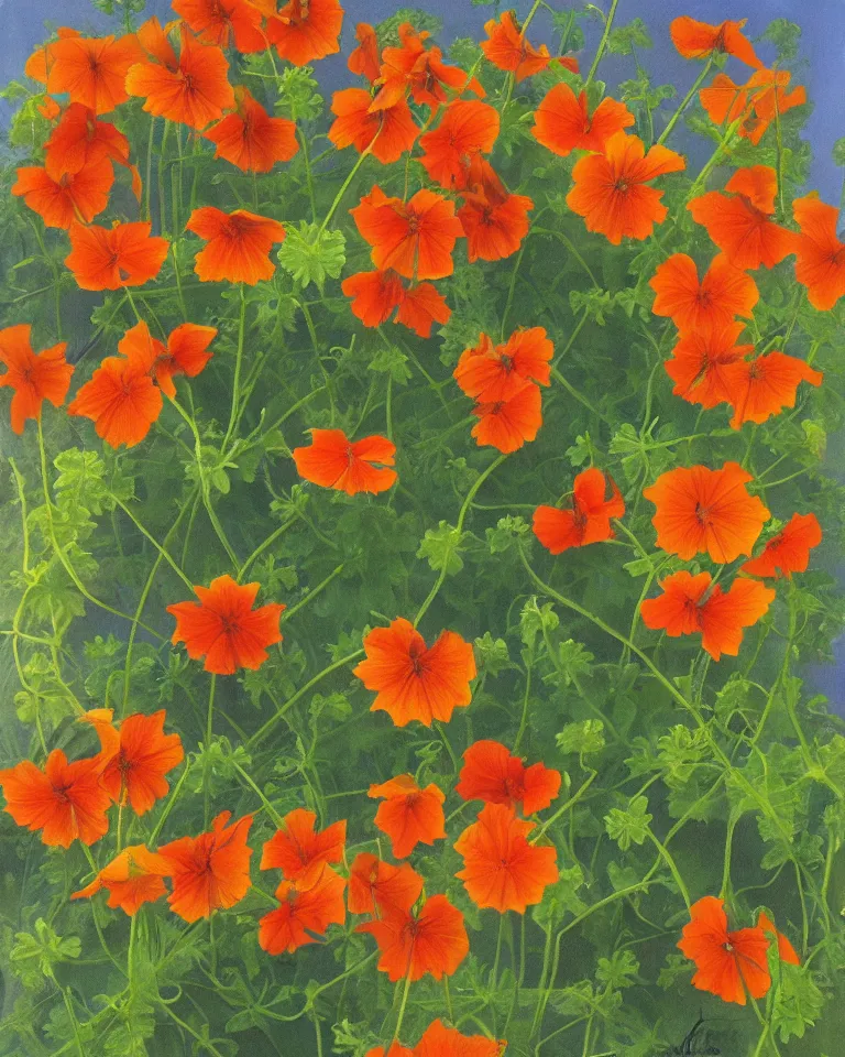 Image similar to fine painting of tropaeolum majus, by thaddeus welch.