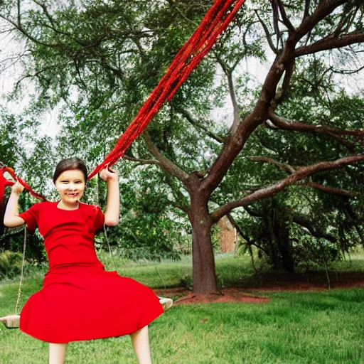 Prompt: girl in red dress swinging on a Madagascar tree swing midday.