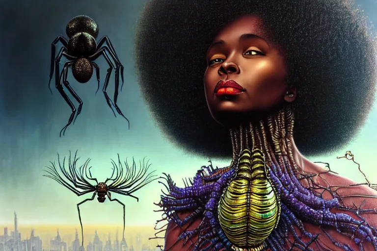 Image similar to realistic detailed closeup portrait movie shot of a beautiful black woman with a giant spider, dystopian city landscape background by denis villeneuve, amano, yves tanguy, alphonse mucha, max ernst, kehinde wiley, ernst haeckel, caravaggio, roger dean, cyber necklace, rich moody colours, sci fi patterns, wide angle