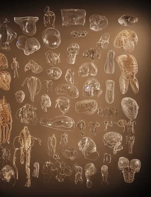 Image similar to a well - lit studio photograph of various earth - toned plastic translucent artificial organs, some wrinkled, some long, various sizes, textures, and transparencies, beautiful, smooth, detailed, intricate internal anatomy model