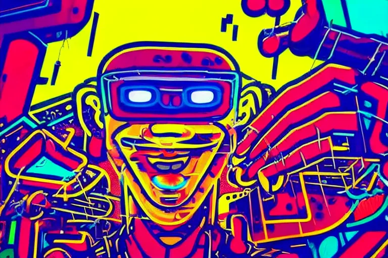 Image similar to pop art of a giant cyberpunk god walking in a city, bright neon colors, intricate details, complementary colors, detailed face, backlighting, octane render, depth of field, extremely detailed, trending in artstation, focus on face, sharp focus, radiant light, beautiful composition, drawn by roy lichtenstein, keith haring, romero britto