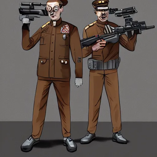 Prompt: ghoul security officers from with glowing pale red skin in vintage muted beige uniforms and caps holding bullpup rifles in a brutalist office setting trending on artstation digital painting 4 k sharp detail high quality