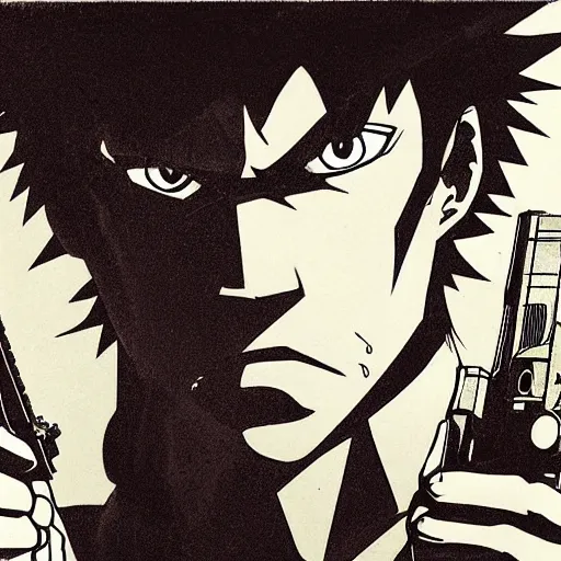 Prompt: , spike from anime cowboy bebop holding two handguns looking into the distance of space, physically accurate, dynamic lighting, intricate, elegant, highly detailed, very very Roberto Ferri, sharp focus, very very unsettling, very terrifying, illustration, art