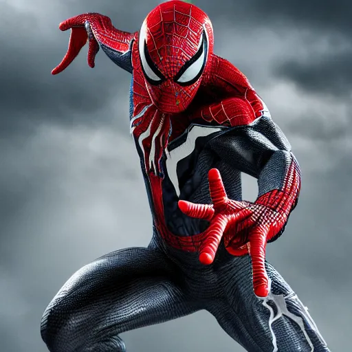 Image similar to a single venom and spider - man hybrid, dslr, cinematic, volumetric lighting, 8 k resolution, photorealistic