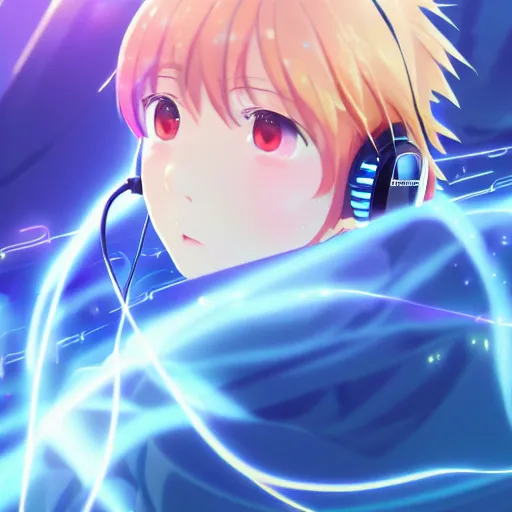 prompthunt: an anime music producer with headphones on, official art, key  visual, studio lightning, very detailed bd cover, Kimi no Na Wa,  hyperrealistic, artstation, caustics, trending on Artstation, 8K, octane  renderer, rtx