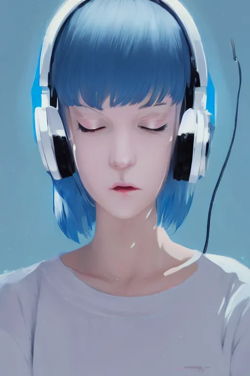 Prompt: a cute young woman listening to music with her eyes closed and wearing headphones, white bob cut hair, cyberpunk setting, e-girl, blue and white, soft lighting, atmospheric, cinematic, moody, in the style of Ilya Kuvshinov and Range Murata, Krenz Cushart, oil on canvas, 8k