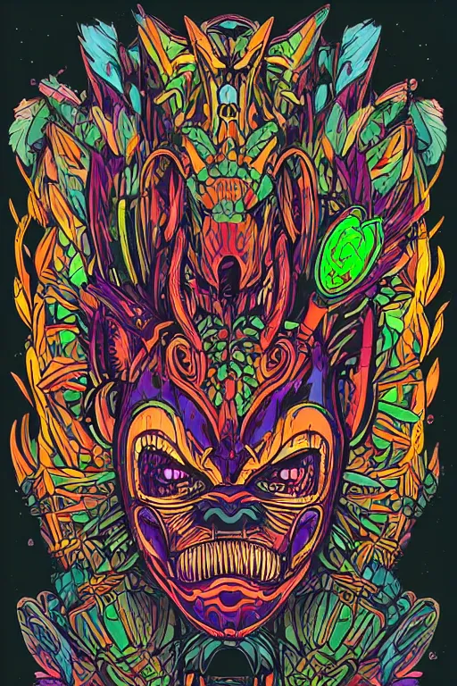 Image similar to animal mask totem roots flower tribal feather gemstone plant wood rock shaman vodoo video game vector cutout illustration vivid multicolor borderlands comics by josan gonzales and dan mumford radiating a glowing aura