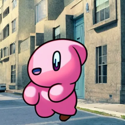 Prompt: photo of kirby from nintendo in casual clothes, pink kirby walking, kirby walking down the street in casual clothes, he looks cool