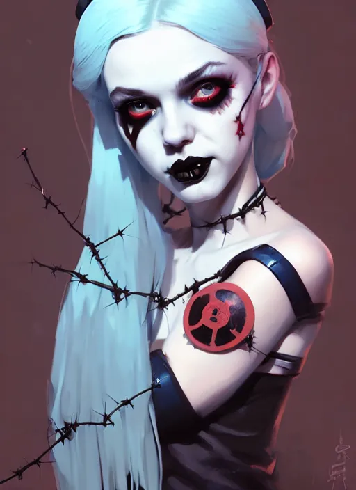 Image similar to portrait of cute goth harley quinn girl with crown of thorns, warhammer, cyberpunk, by atey ghailan, by greg rutkowski, by greg tocchini, by james gilleard, by joe fenton, by kaethe butcher, dynamic lighting, gradient light blue, brown, blonde cream and white color in scheme, grunge aesthetic