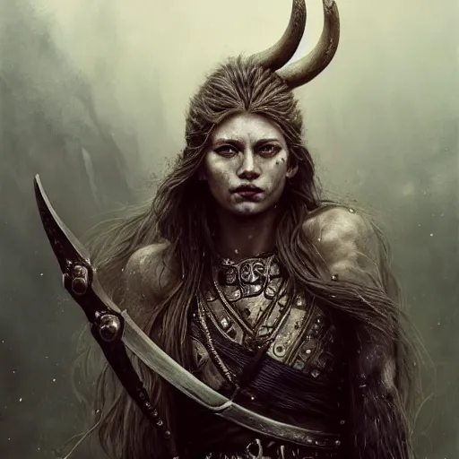 Image similar to Official photo of an attractive majestic fierce viking woman, leader, ethereal, fear, scarred, highly detailed, viking attire, cinematic, 16k, 1080s, by Stanley Artgermm, Tom Bagshaw, Greg Rutkowski, Vincent di Fate, Carne Griffiths, Ayami Kojima, WLOP, trending on DeviantArt, hyper detailed, full of color, digital art,