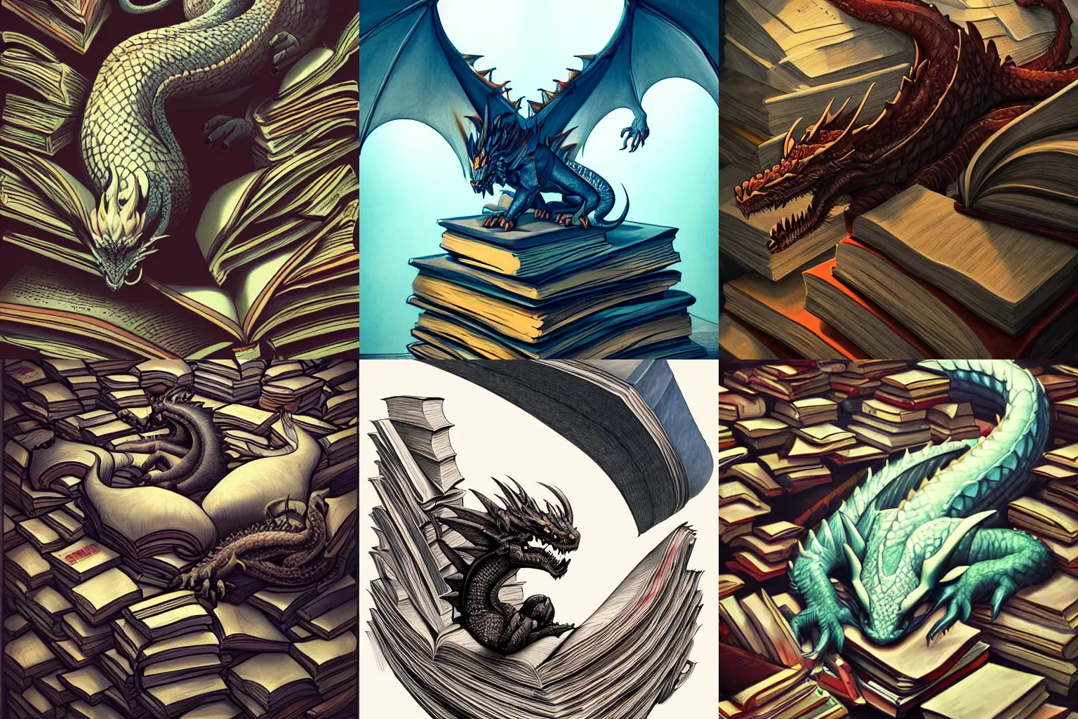 A huge dragon sleeping on a hoard of books, by Randy, Stable Diffusion