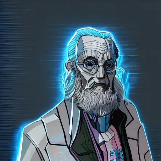 Image similar to cyberpunk robotic dumbledore, sharp lines, digital, artstation, colored in