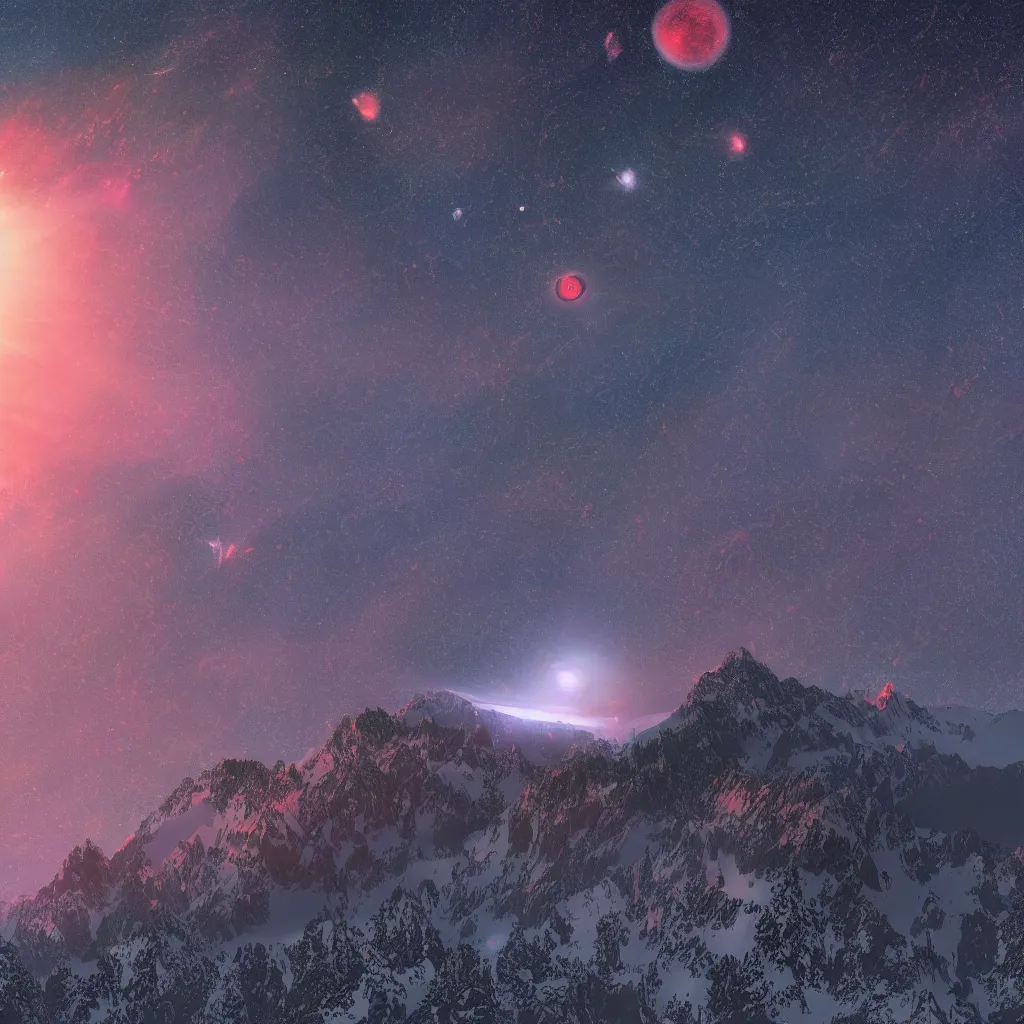 Image similar to A heavily-forested valley surrounded by snow-capped mountains at night, a red nebula and orange gas giant with rings in the sky, no clouds, sci-fi, photorealistic, landscape