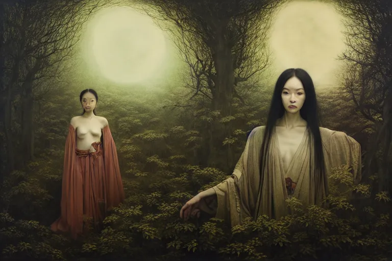 Image similar to wuxia, forest, moonlight, intricate beautiful faces, painting by agostino arrivabene, vanessa beecroft, anka zhuravleva, mary jane ansell, peter mohbacher, gerald brom