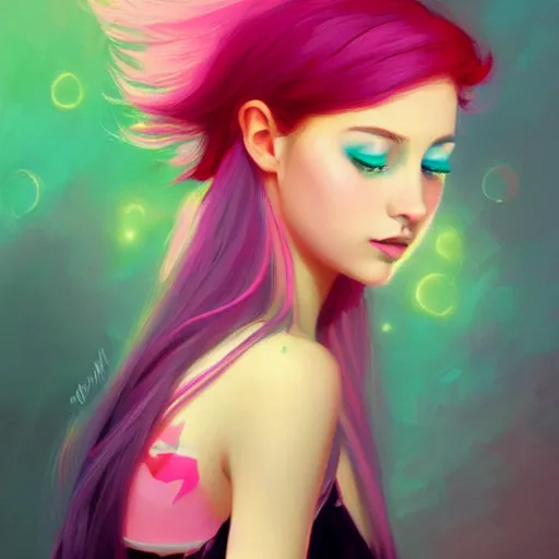 Image similar to colorful and festive captivating teenager girl with pink hair, cyan top crop, black skirt, black leggings, cute look. rich vivid colors, ambient lighting, dynamic lighting, 4 k, atmospheric lighting, painted, intricate, highly detailed by charlie bowater