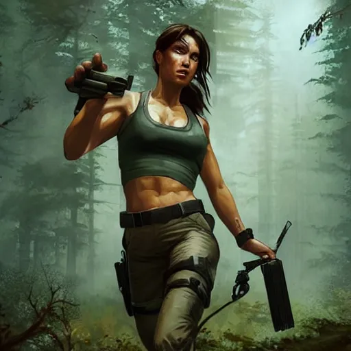 Image similar to photo of lara croft being arrested by cops in a forest, 8 k, by greg rutkowski, artgerm,