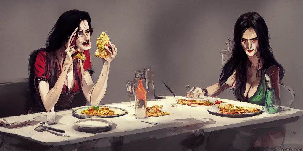 Image similar to cartoonish eva green eating dinner, vivid colors, character sheet, fine details, concept design, contrast, kim jung gi, greg rutkowski, trending on artstation, 8 k, full body, turnaround, front view, back view, ultra wide angle