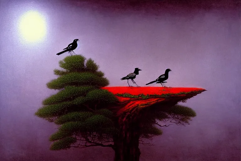 Image similar to a magpie family hosting their magpie relatives on top of a pine tree, in the style of rafał olbinski, in the style of beksinski, intricate and epic composition, red by caravaggio, insanely quality, highly detailed, masterpiece, purple light, artstation, 4 k