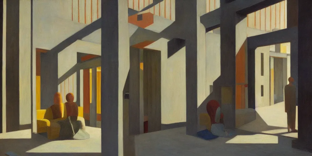 Image similar to brutalist architecture, fantastical courtyard, morning light, grant wood, pj crook, edward hopper, oil on canvas