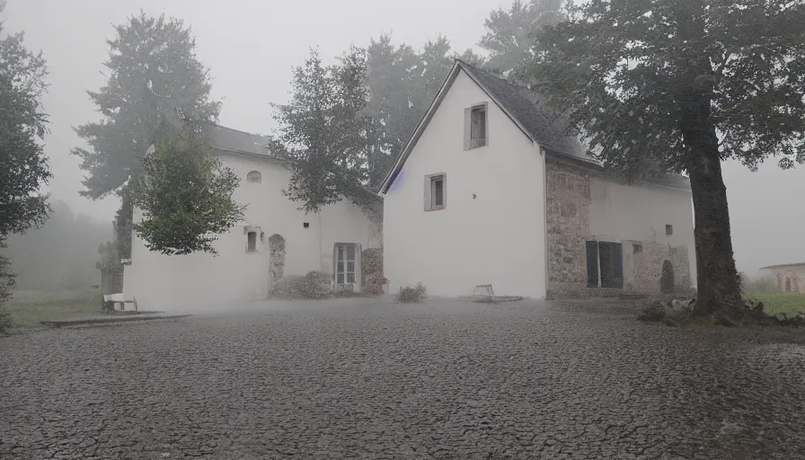 Prompt: mini dv camera footage of a heavy burning french style little house, heavy rain, foggy, in a small northern french village, heavy grain, very low quality, high detail, dramatic light