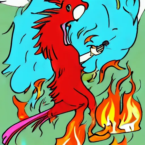 Image similar to parrot burning alive, huge fire, cartoon blood dripping