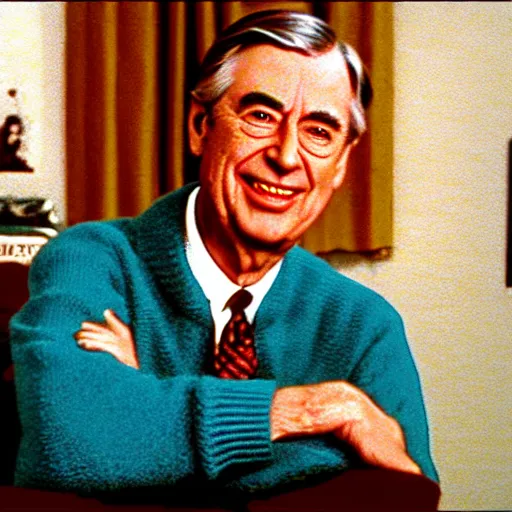 Image similar to mr. rogers in the backrooms fan game, in the style of old grainy vhs footage